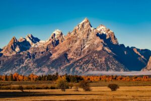 Paysage d'automne à couper le souffle du Grand Teton avec des sommets enneigés et des arbres colorés.