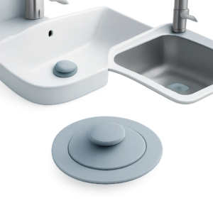 Illustration d’un bouchon universel en silicone présenté comme une solution polyvalente pour plusieurs bondes. L’image met en avant son usage simple au quotidien dans la cuisine et la salle de bain.