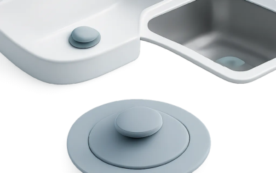 Illustration d’un bouchon universel en silicone présenté comme une solution polyvalente pour plusieurs bondes. L’image met en avant son usage simple au quotidien dans la cuisine et la salle de bain.