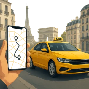 Illustration moderne d’un taxi parisien avec une ambiance urbaine professionnelle. L’image évoque la réservation en ligne, la fiabilité et les trajets vers les gares ou les aéroports.