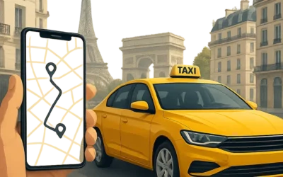 Illustration moderne d’un taxi parisien avec une ambiance urbaine professionnelle. L’image évoque la réservation en ligne, la fiabilité et les trajets vers les gares ou les aéroports.