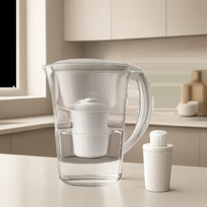 Une carafe filtrante moderne accompagnée de son filtre de rechange, mise en scène dans une cuisine élégante et épurée. L’image évoque un entretien simple et un usage quotidien pratique.