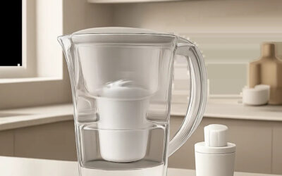 Une carafe filtrante moderne accompagnée de son filtre de rechange, mise en scène dans une cuisine élégante et épurée. L’image évoque un entretien simple et un usage quotidien pratique.