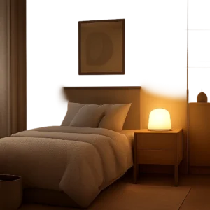 Une veilleuse discrète diffuse une lumière chaude et apaisante dans une chambre d’enfant au design minimaliste. L’ambiance évoque le confort du soir, l’autonomie et un coucher plus serein.