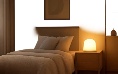 Une veilleuse discrète diffuse une lumière chaude et apaisante dans une chambre d’enfant au design minimaliste. L’ambiance évoque le confort du soir, l’autonomie et un coucher plus serein.