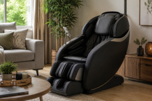 Fauteuil massant installé dans un salon chaleureux et contemporain