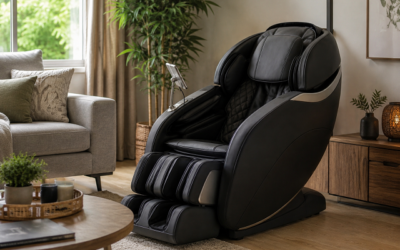 Fauteuil massant installé dans un salon chaleureux et contemporain