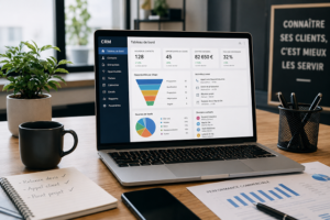 Ordinateur affichant un logiciel CRM sur un bureau dans un environnement de travail moderne