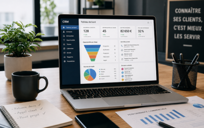 Ordinateur affichant un logiciel CRM sur un bureau dans un environnement de travail moderne