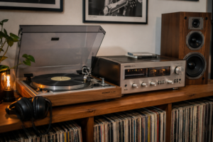 Ensemble hi-fi vintage composé d'une platine vinyle, d'un amplificateur et d'enceintes anciennes