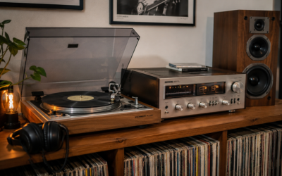 Ensemble hi-fi vintage composé d'une platine vinyle, d'un amplificateur et d'enceintes anciennes