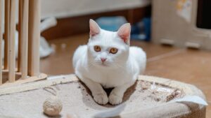 Chat blanc posé sur un grattoir circulaire, regard direct vers l'appareil