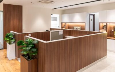 Intérieur d'un bureau avec des cloisons en bois et des plantes décoratives