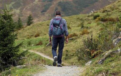 Homme marchant sur un chemin de montagne avec un sac à dos, des arbres et des rochers autour
