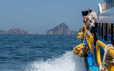 Bateau avec personnes, bouées jaunes, îles rocheuses, mer bleue